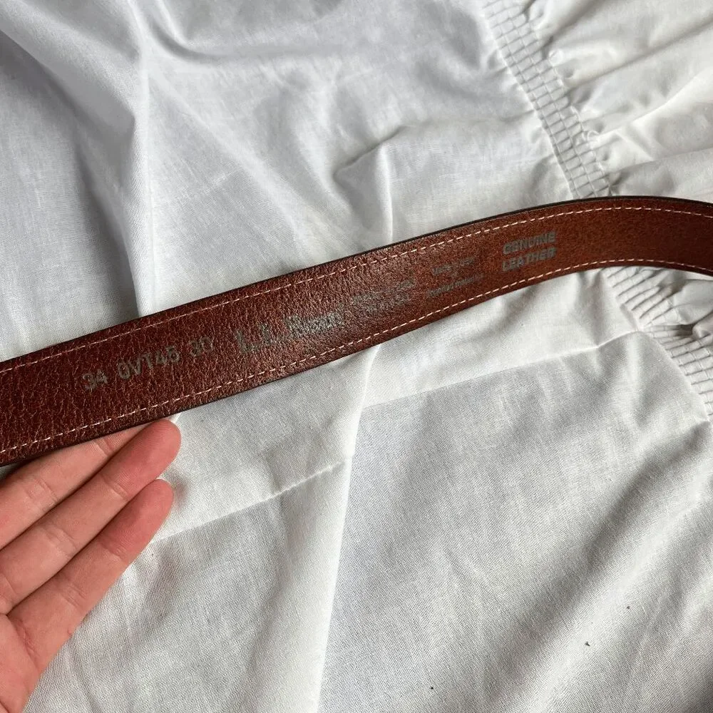 LL Bean Leather Belt Solid Brass Buckle USA Made Brown Casual Heritage 34